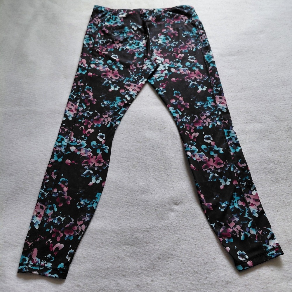 Avia  Women Floral Leggings Large 12 To 14 Black Blue Pink Yoga Athletic Workout